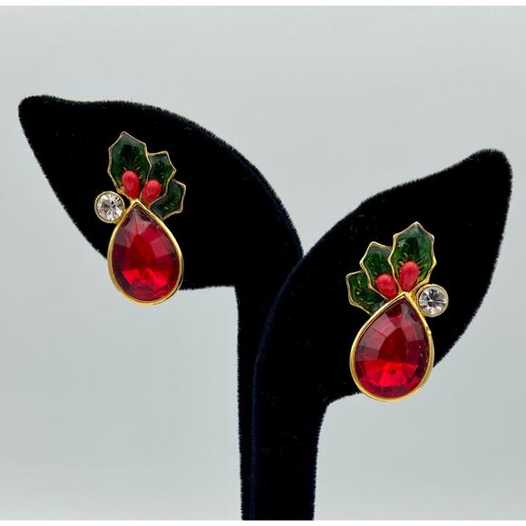 Vintage Avon Christmas Holly Gold Tone Post Earrings - Picture 1 of 6
